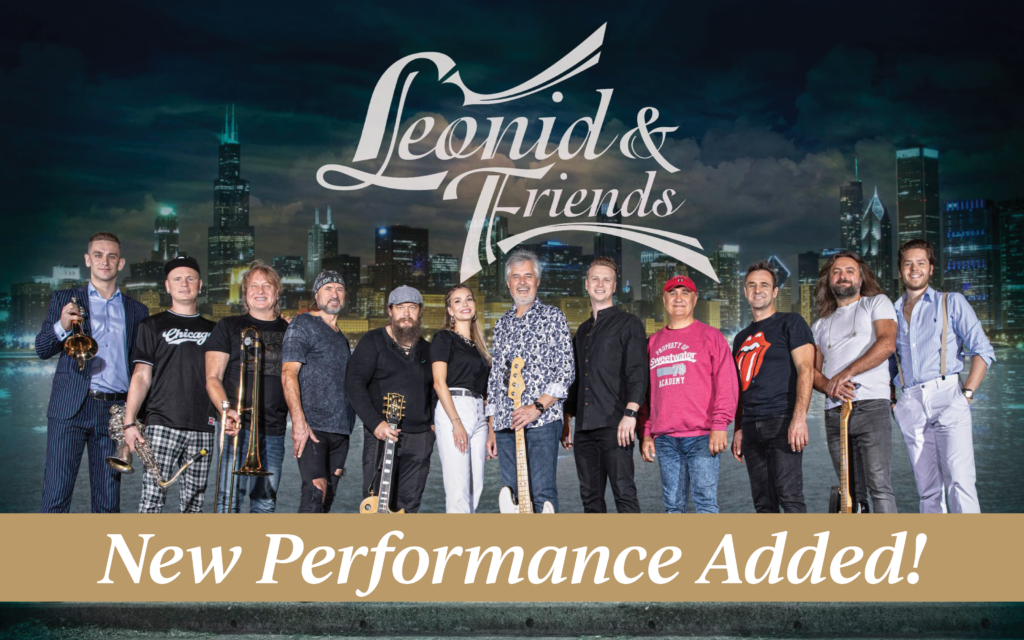 "Leonid & Friends... New Performance Added". Leonid & Friends posing together in front of city skyline.