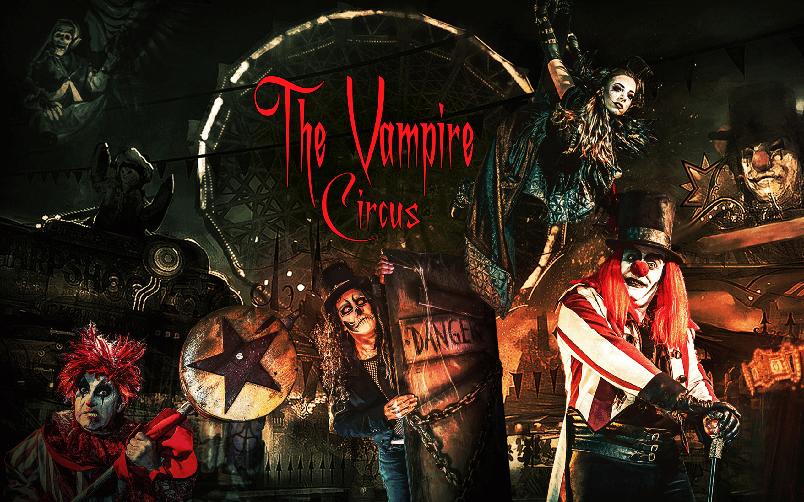Dark and theatrical promo for The Vampire Circus, featuring gothic clowns, acrobats, eerie carnival rides, and bold red lettering.
