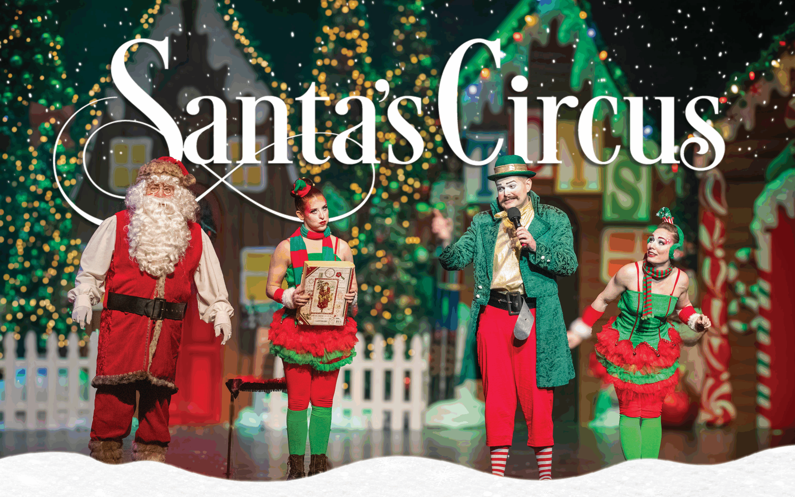 Santa Claus and festive circus performers on a decorated holiday stage with twinkling lights and oversized candy props, under the title “Santa’s Circus.”