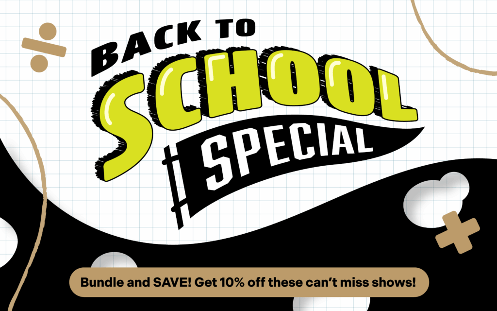 Bold yellow and black text reading “Back to School Special” over a grid-paper background with playful math symbols and abstract shapes in gold and white.