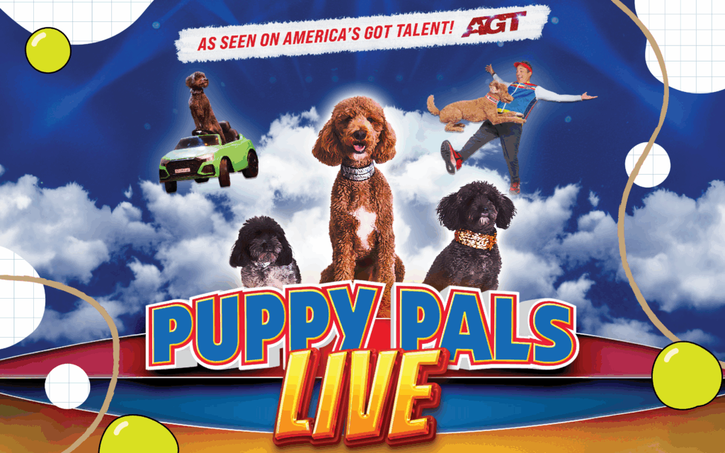 Colorful promo for Puppy Pals Live! featuring adorable stunt dogs in costumes performing tricks in the clouds, with the tagline “As Seen on America’s Got Talent!”