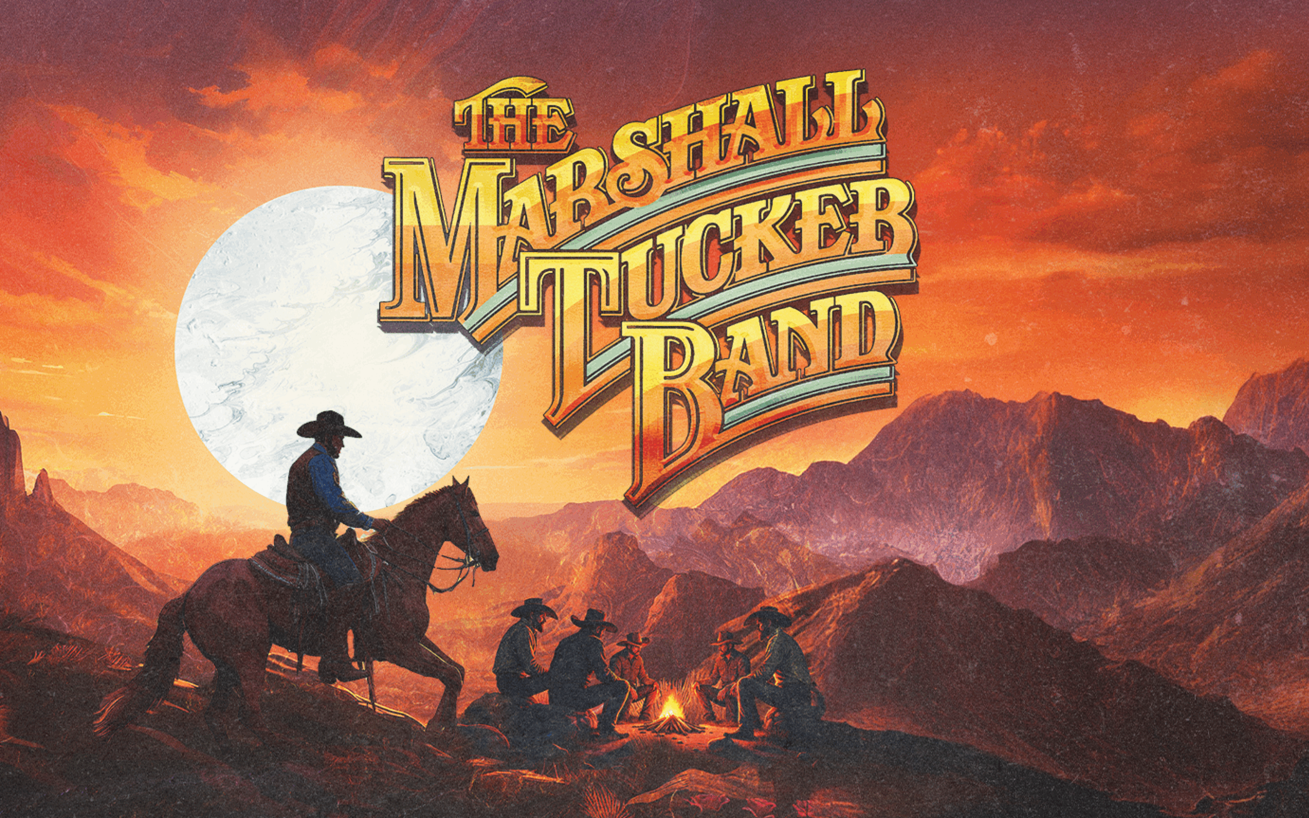 Artwork of a cowboy on horseback against a glowing sunset and full moon, with other cowboys sitting around a campfire in the mountains. At the top, large stylized text reads “The Marshall Tucker Band.”