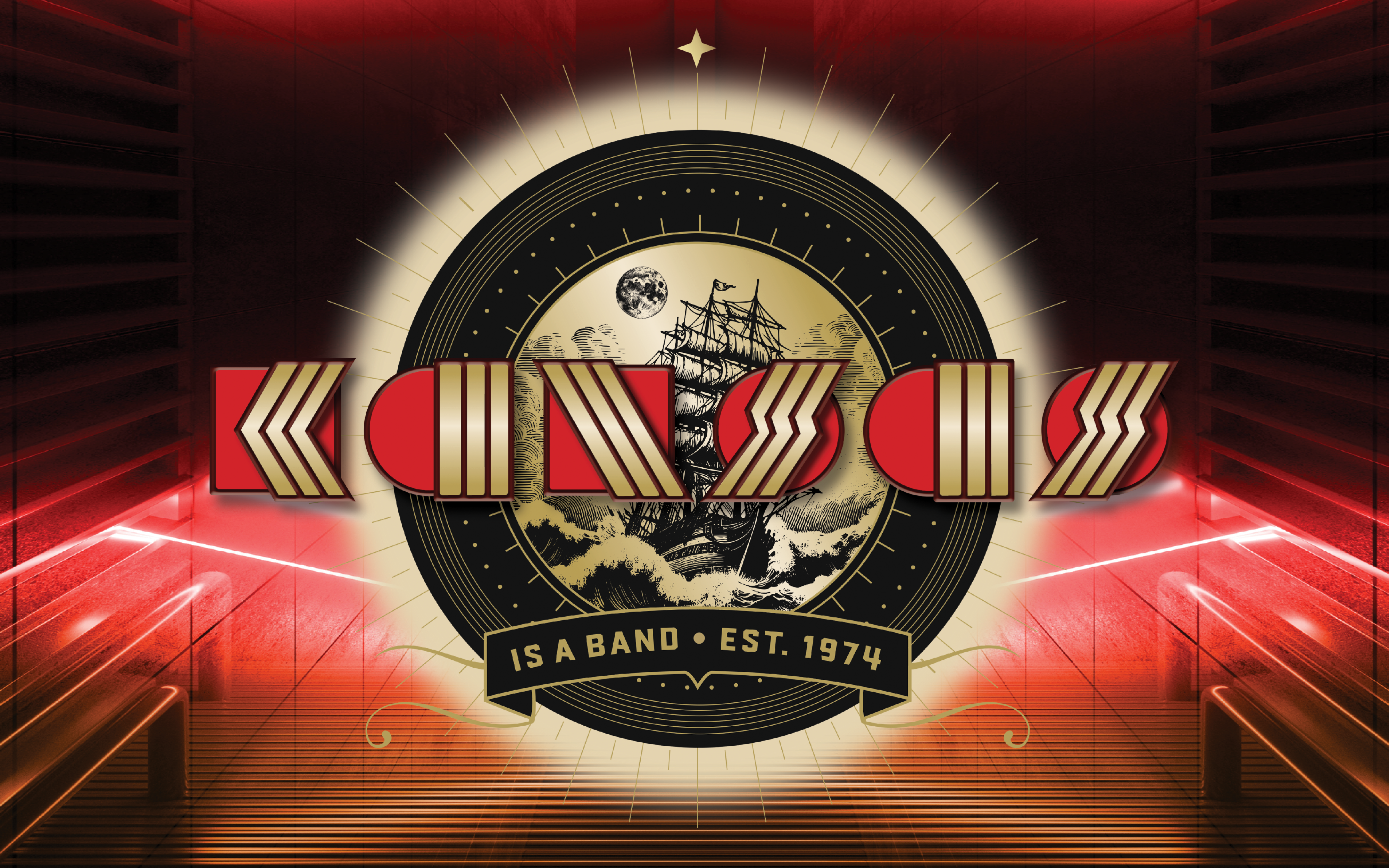 Artwork for the band Kansas, featuring their name in bold red and gold geometric lettering over an illustration of a sailing ship and full moon. Text reads “Kansas is a band – Est. 1974.” The background glows with red and gold lighting.