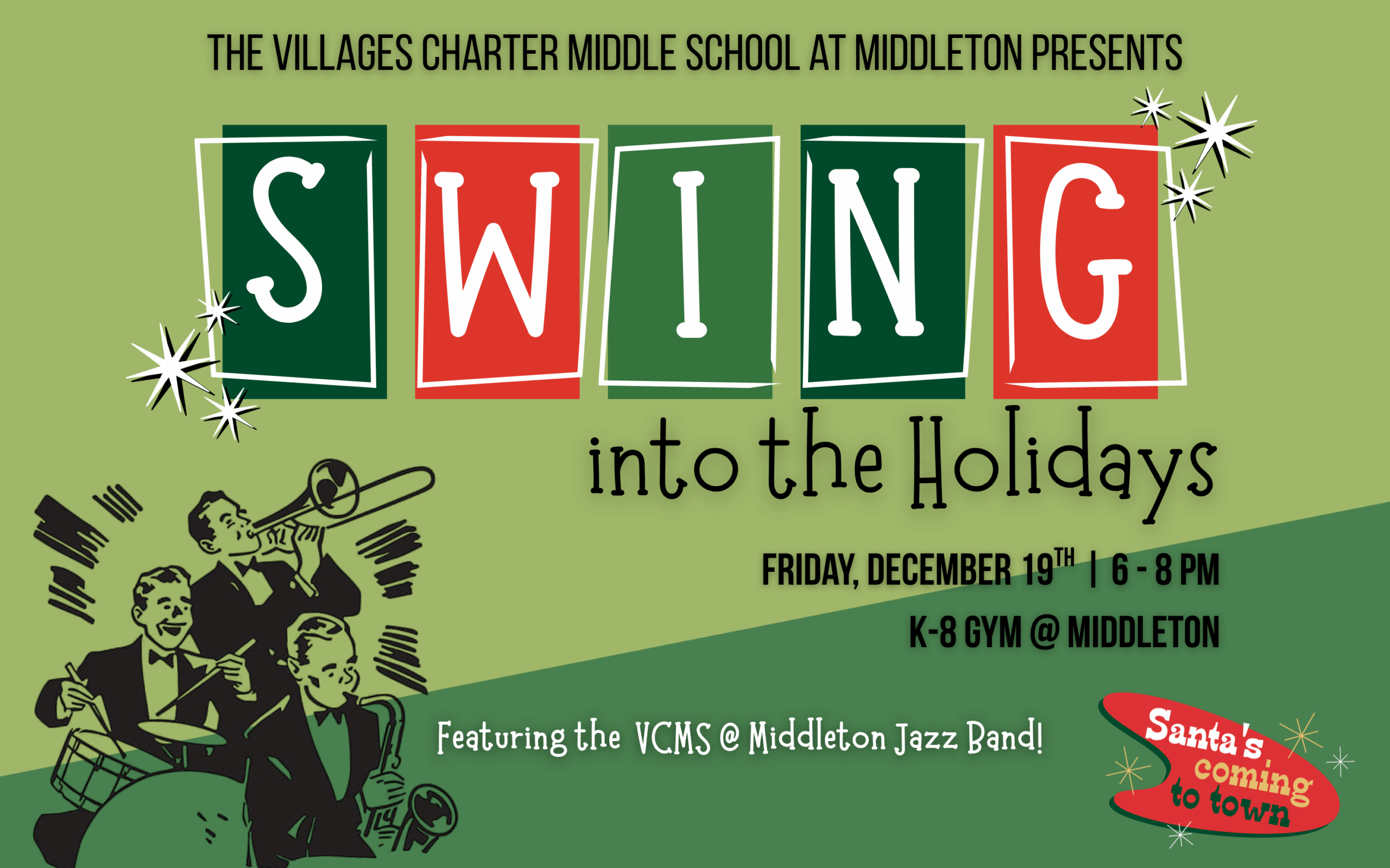 VHS Swing into the Holidays promotional poster. Green and red accents