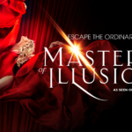 Promotional poster for Masters of Illusion. Pictured is a woman dancing through the air in a vivid, red, flowy dress. It reads "Escape The Ordinary... Masters of Illusion... As Seen On The CW."