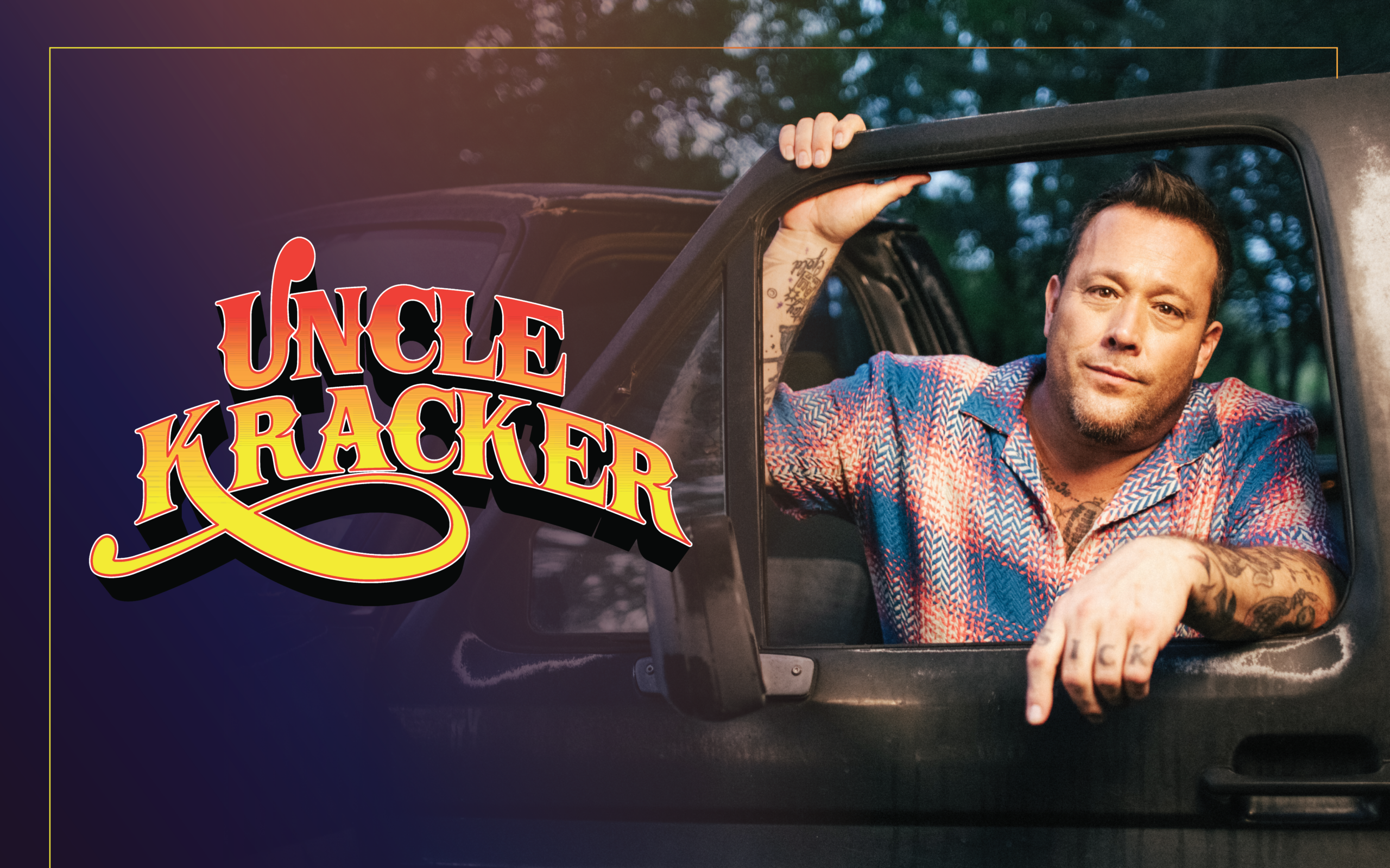 Uncle Kracker posed to the right of his logo reading "Uncle Kracker."