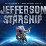 Promotional poster for Jefferson Starship... Runaway Again Tour 2026. Pictured is an astronaut holding a guitar while floating in space in front of Earth. It reads Runaway Again Tour 2026... Jefferson Starship."