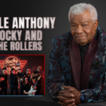 Promotional poster for Little Anthony with Rocky and The Rollers. Pictured is Little Anthony posing in a red and blue site. At the bottom left, Rocky and The Rollers are pictured with their instruments. It reads "Little Anthony with Rocky and The Rollers."