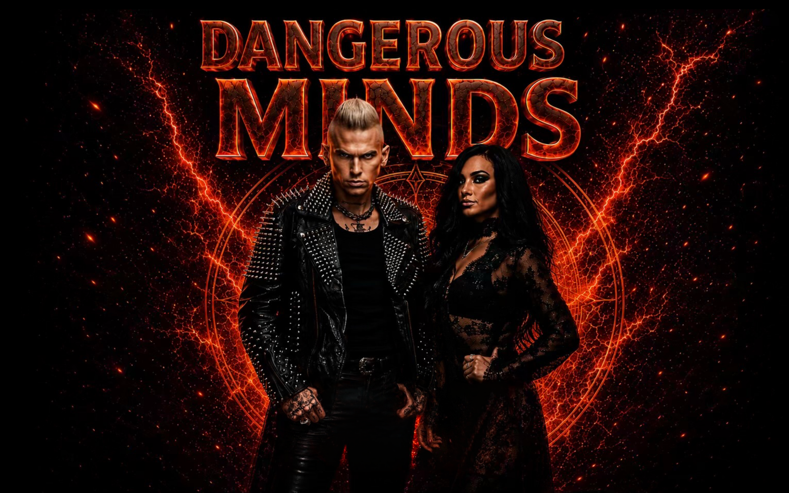 Promotional poster for Dangerous Minds. Pictured are two performers in dark clothing posing seriously and confidently in front a dark background with fire elements. It reads "Dangerous Minds."
